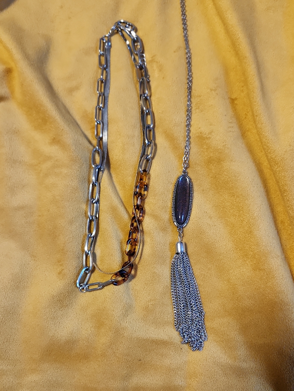 Silver Tortoiseshell Chunky Link Layered Chain And Long Fringe Pendent Necklaces